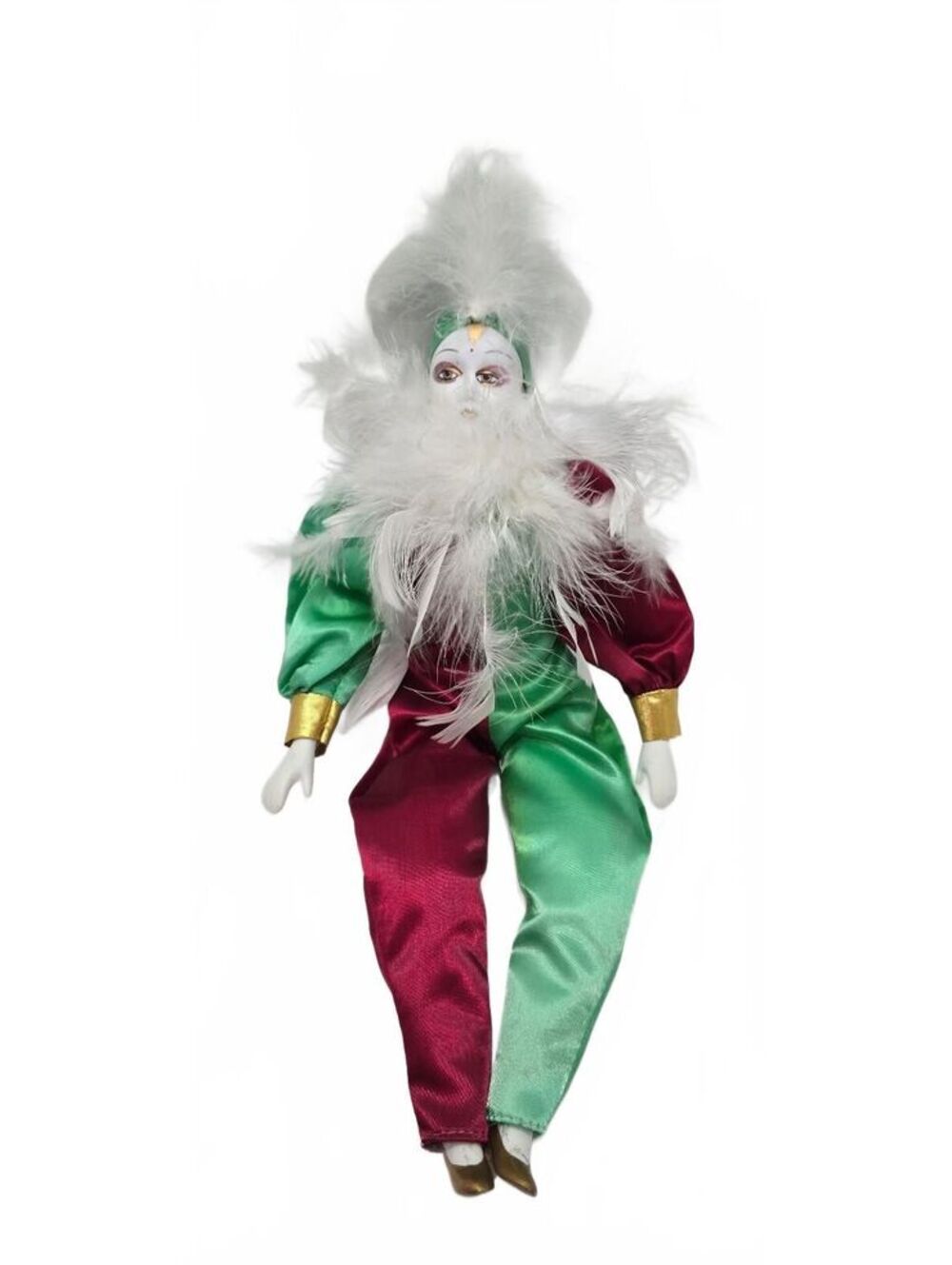 Vintage Porcelain Harlequin Clown Doll with Feathered Collar